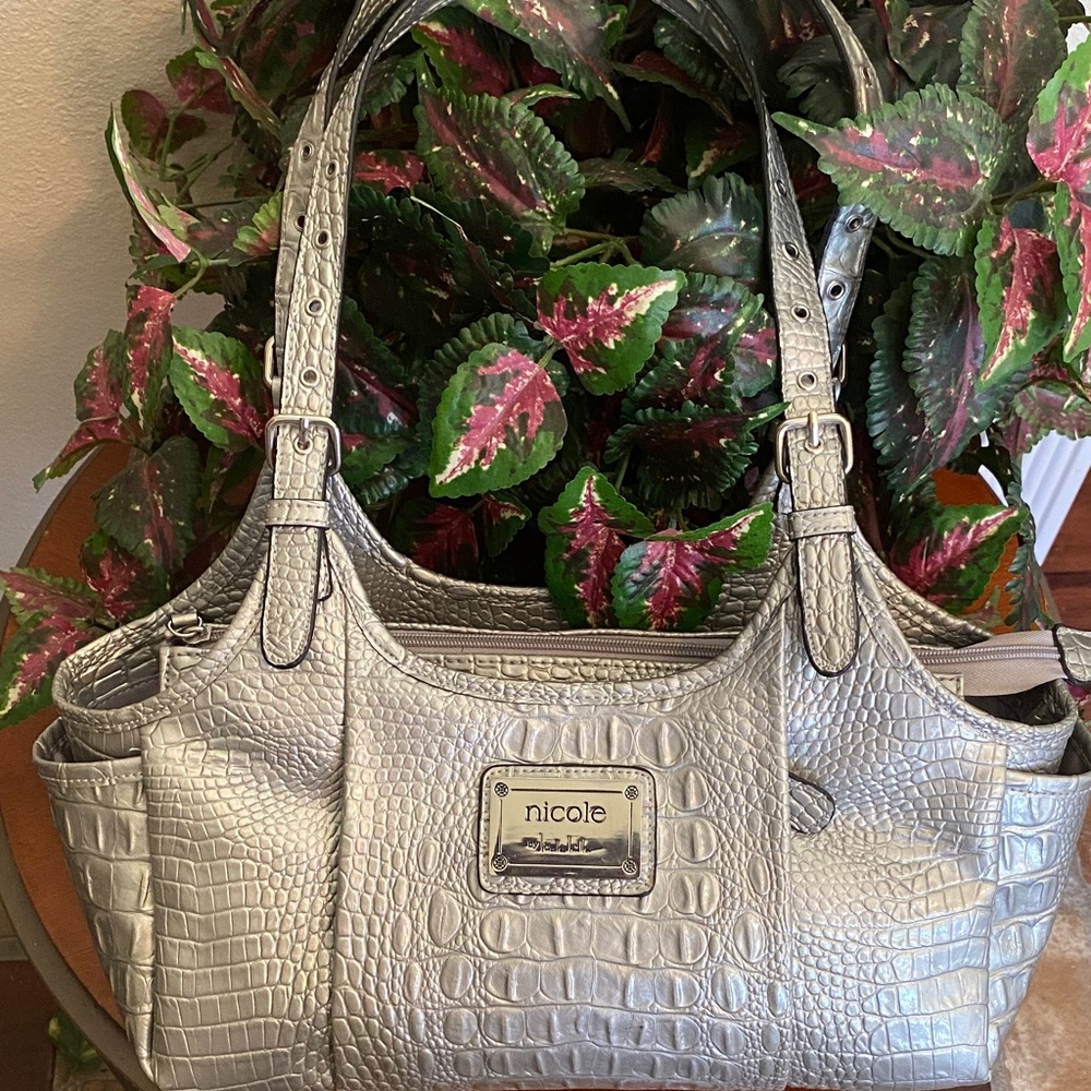 Nicole Miller Silver Croc-Embossed Shoulder Bag